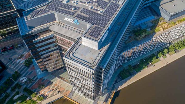 Aerial view of ANZ building with solar panel on rooftop